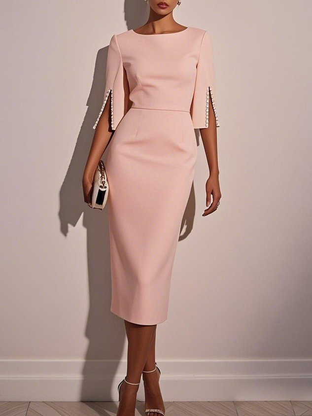 White Faux Pearl Classic Crew Neck Half Sleeve Sheath Midi Dress