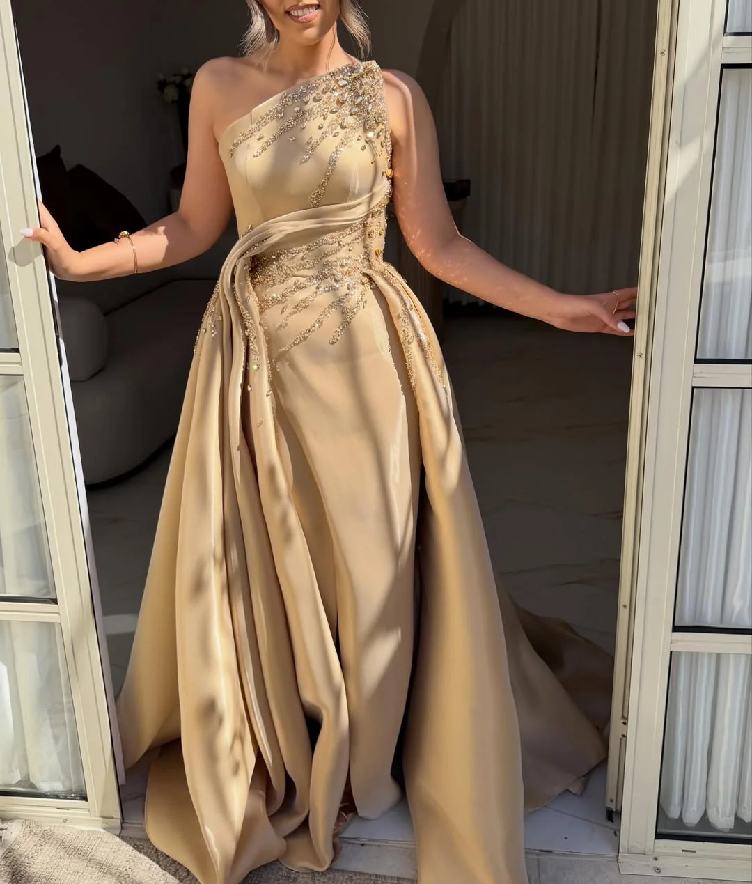 Asymmetric Strapless Sleeveless Long A-Line Prom Dress With Pleated And Beadings YK0692