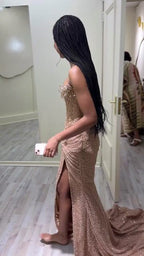 Strapless Sleeveless Long Mermaid Prom Dress With Sequins Split XJ0656