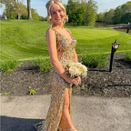 Cocoslly Straps V-Neck Sleeveless High Waist Long Prom Dress With Split | Champage Glod Sequins ZT0893