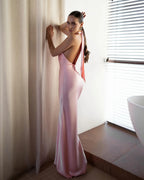 Cocoslly Halter Sleeveless High Waist Backless Long Mermaid Prom Dress | Pink Satin WT0121