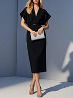 Black Slit Classic V Neck Short Sleeve Dolman Sleeve Sheath Midi Dress With Belt