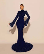 High Neck Lace Long Sleeves Long Mermaid Prom Dress With Pleated YK0572