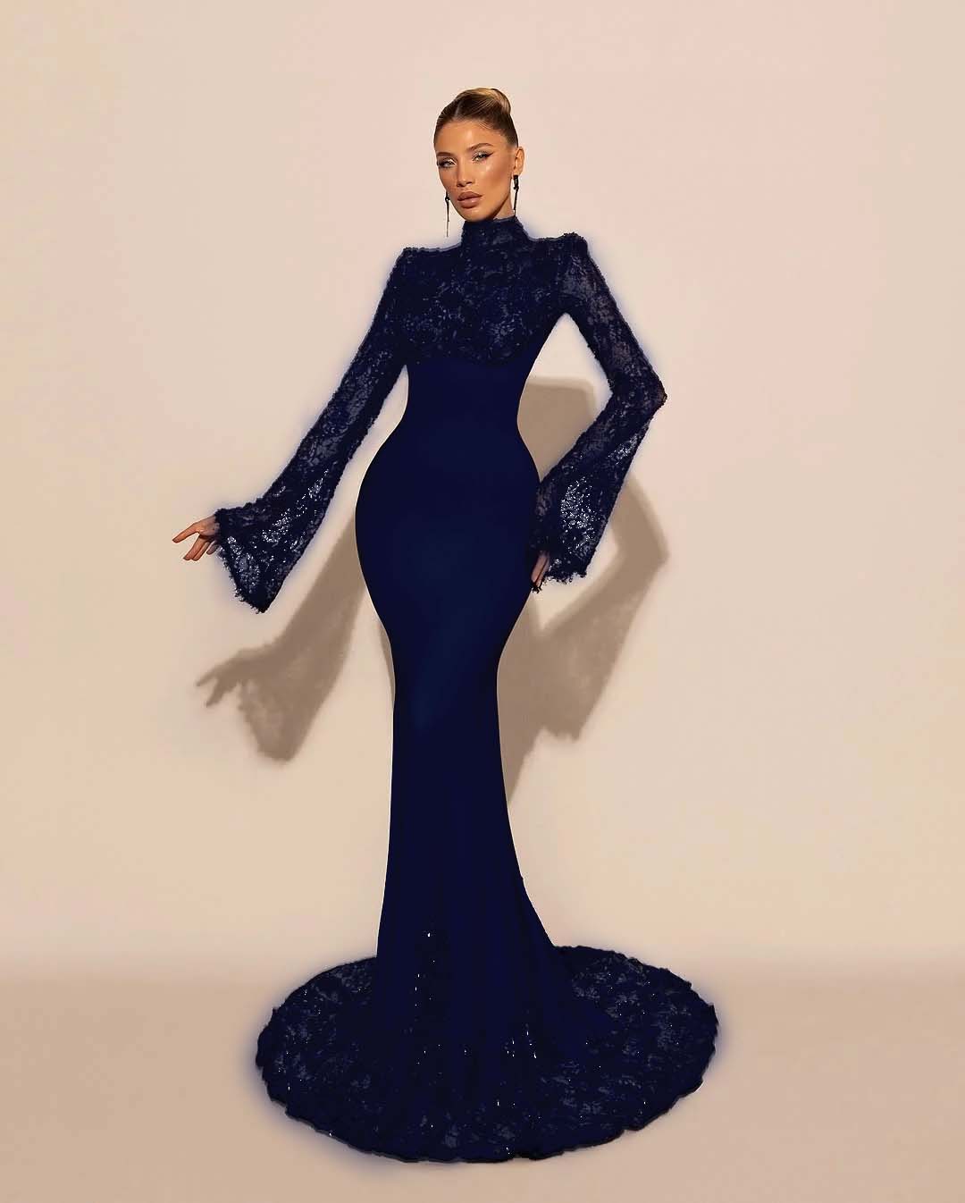 High Neck Lace Long Sleeves Long Mermaid Prom Dress With Pleated YK0572
