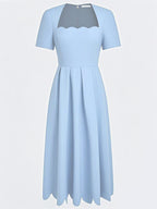 Light Blue Asymmetric Classic Square Neck Short Sleeve A-Line Midi Dress