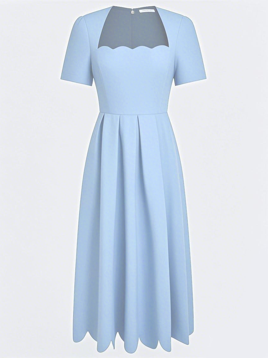 Light Blue Asymmetric Classic Square Neck Short Sleeve A-Line Midi Dress