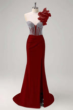 Satin V-Neck Strapless Sleeveless Long Pleated Mermaid Prom Dress With Rhinstone And High Split YK0320
