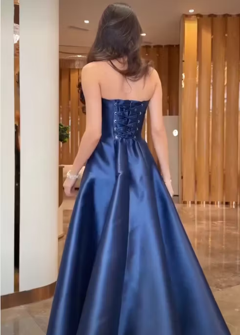 Cocoslly Strapless Sleeveless High Waist Long A Line Prom Dress With Rhinstone | Navy Blue Satin JZ0146
