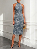 Deep Blue Jacquard Denim Dress Halter Neck Sleeveless Sheath Midi Dress