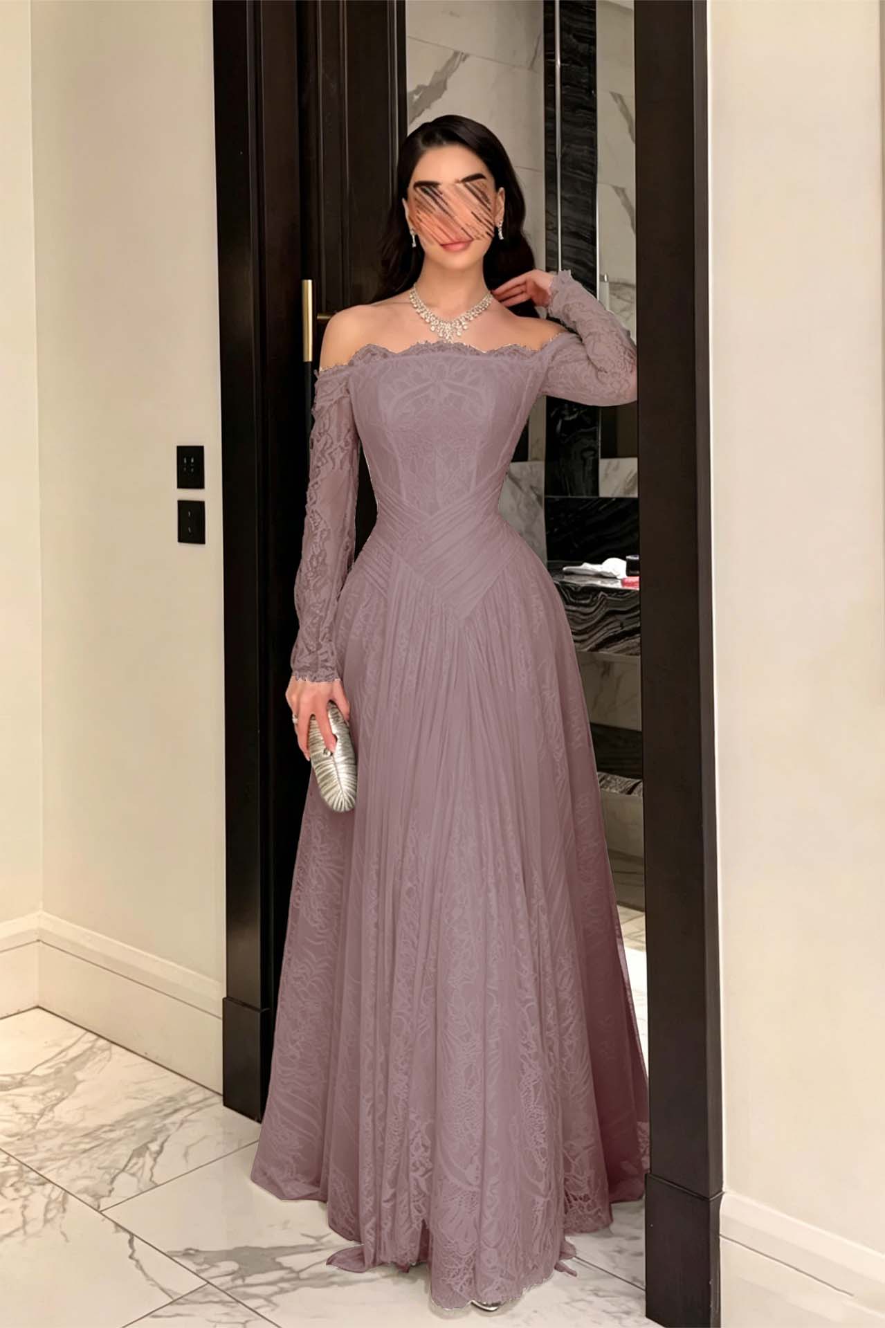 Cocoslly Strapless Long Sleeves High Waist Long Prom Dress With Pleated | Ink Blue Lace YC0488