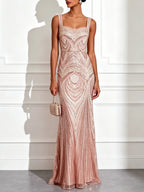 Light Pink Sequin Square Neck Sleeveless Mermaid Floor-length Gown Dress