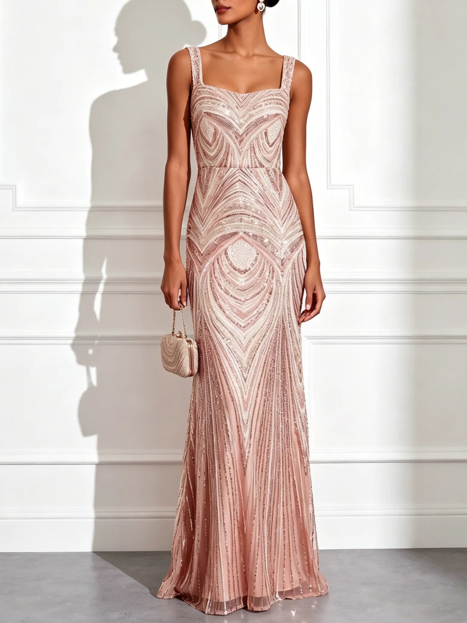 Light Pink Sequin Square Neck Sleeveless Mermaid Floor-length Gown Dress