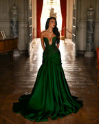Satin Deep V-Neck Strapless Sleeveless Long Pleated Mermaid Prom Dress With Ruffles And Beadings YK0644