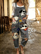 Women's Cute Dog Art Print Flowy Linen Blend Casual Jumpsuit