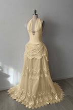 Lace And Tulle Halter Neck Strapless Sleeveless Long Mermaid Prom Dress With Pleated WQ0665