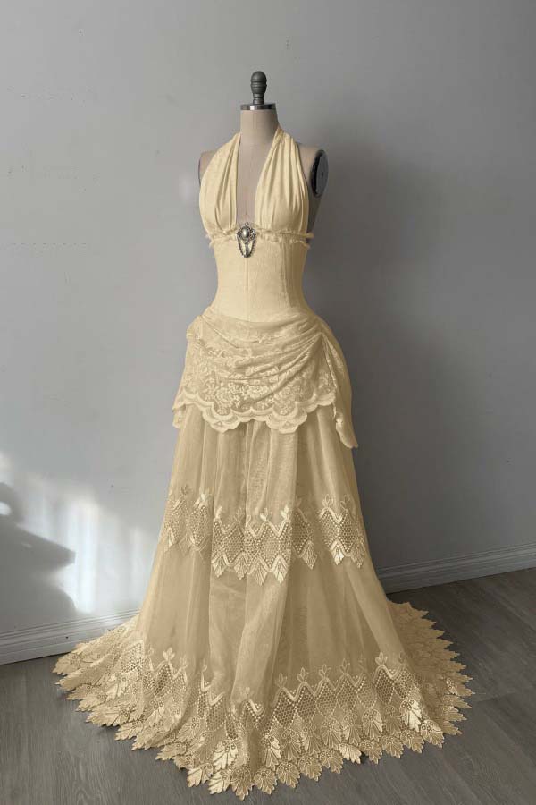 Lace And Tulle Halter Neck Strapless Sleeveless Long Mermaid Prom Dress With Pleated WQ0665