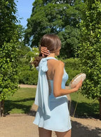 Cocoslly Halter Sleeveless High Waist Short Prom Dress | Baby Blue Satin And Chiffon LX0093