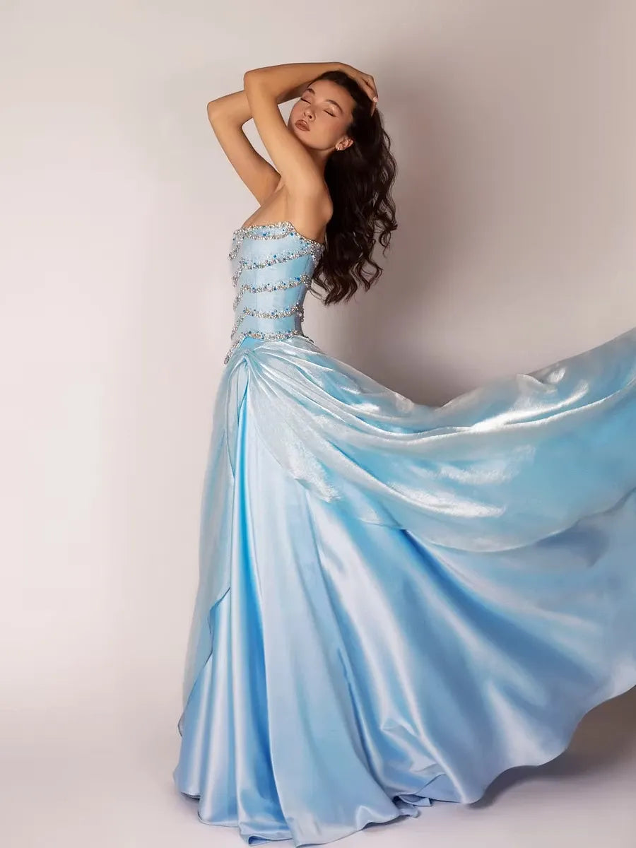 Cocoslly Strapless Sleeveless High Waist Long Prom Dress With Rhinstone And Beading Pearls | Baby Blue Satin LR0577