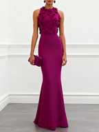 Purple 3D Floral Classic Crew Neck Sleeveless Mermaid Floor-length Gown Dress