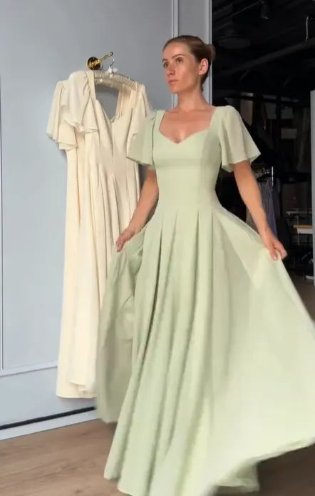 Cocoslly Short Sleeves High Waist Long A Line Prom Dress | Sage Chiffon CO0217