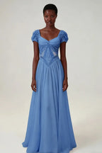 Cocoslly Short Sleeves High Waist Long Prom Dress With Rhinstone | Blushing Pink Chiffon LR0376