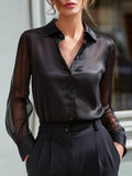 Sheer Sleeve Pointed Collar Button-Up Blouse
