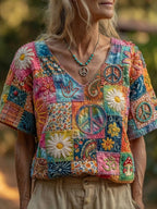 Vintage Hippie Peace Daisy Gradient Floral Patchwork Print Linen T-shirt