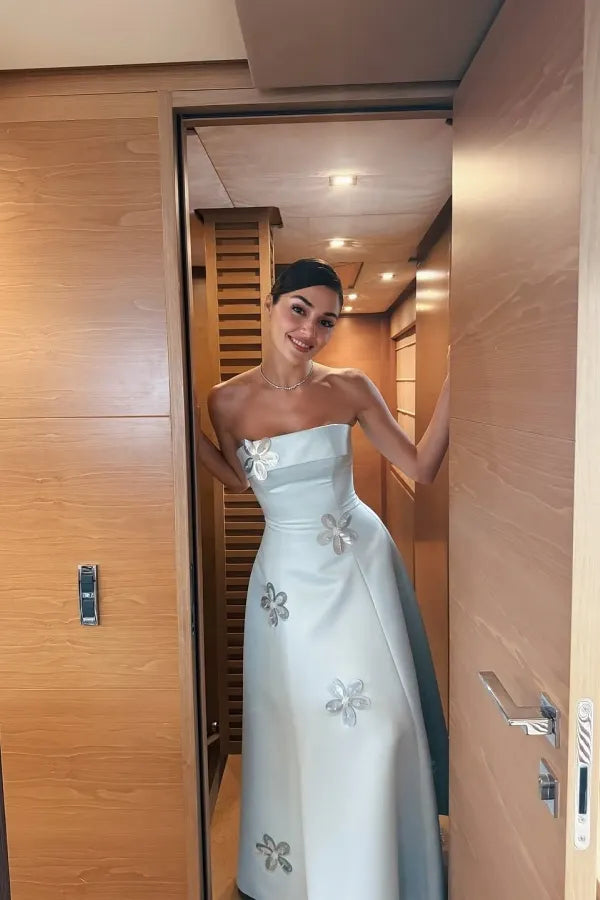 Cocoslly Strapless Sleeveless High Waist Long Prom Dress With Appliques | Mist Blue Satin WQ0251
