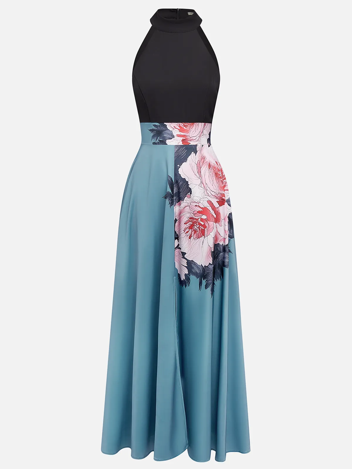 Black Floral Slit Satin Halter Neck Sleeveless A-Line Floor-length Gown Dress