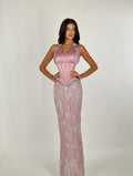 Cocoslly Halter Sleeveless Long Mermaid Prom Dress With Pleated And Sequins | Pink Satin CO0011