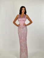 Cocoslly Halter Sleeveless Long Mermaid Prom Dress With Pleated And Sequins | Pink Satin CO0011