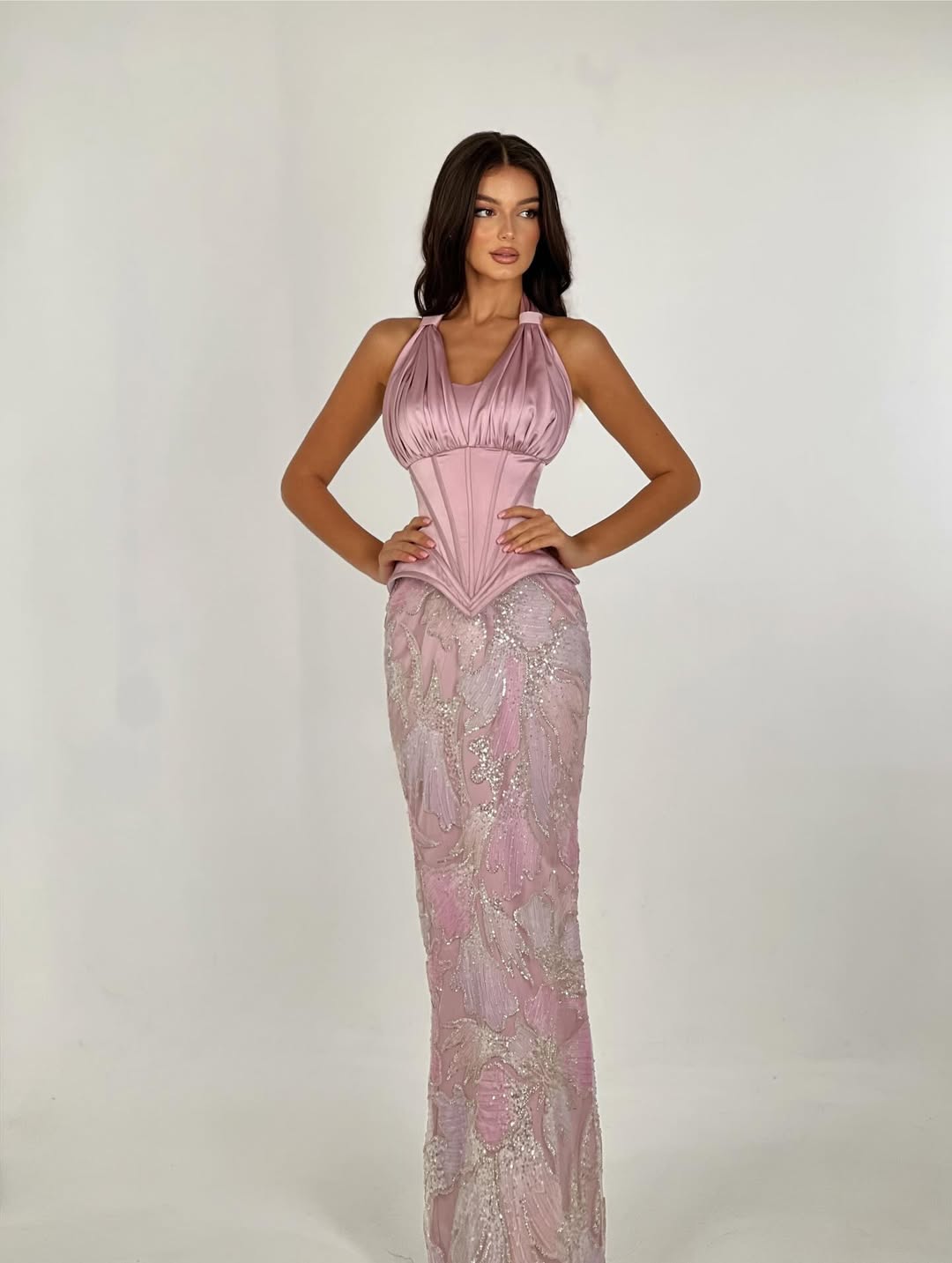 Cocoslly Halter Sleeveless Long Mermaid Prom Dress With Pleated And Sequins | Pink Satin CO0011