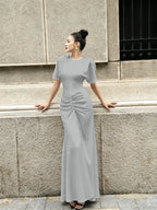Cocoslly Round Neck Short Sleeves High Waist Long Prom Dress With Pleated | Wine Red Satin DB0023