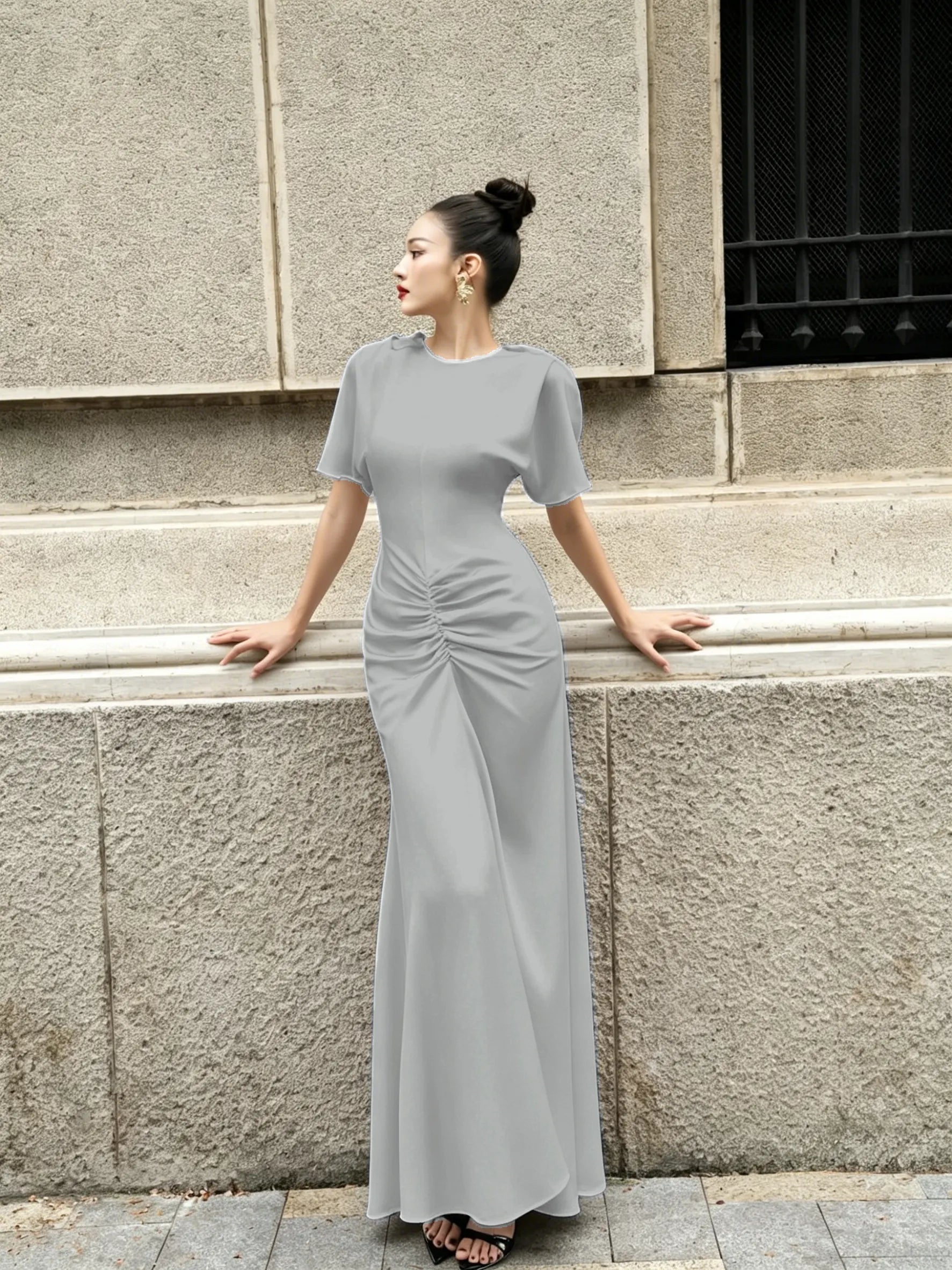 Cocoslly Round Neck Short Sleeves High Waist Long Prom Dress With Pleated | Wine Red Satin DB0023