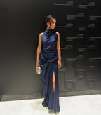 Cocoslly High Neck Sleeveless High Waist Long Prom Dress With Split | Navy Blue Satin CO0105