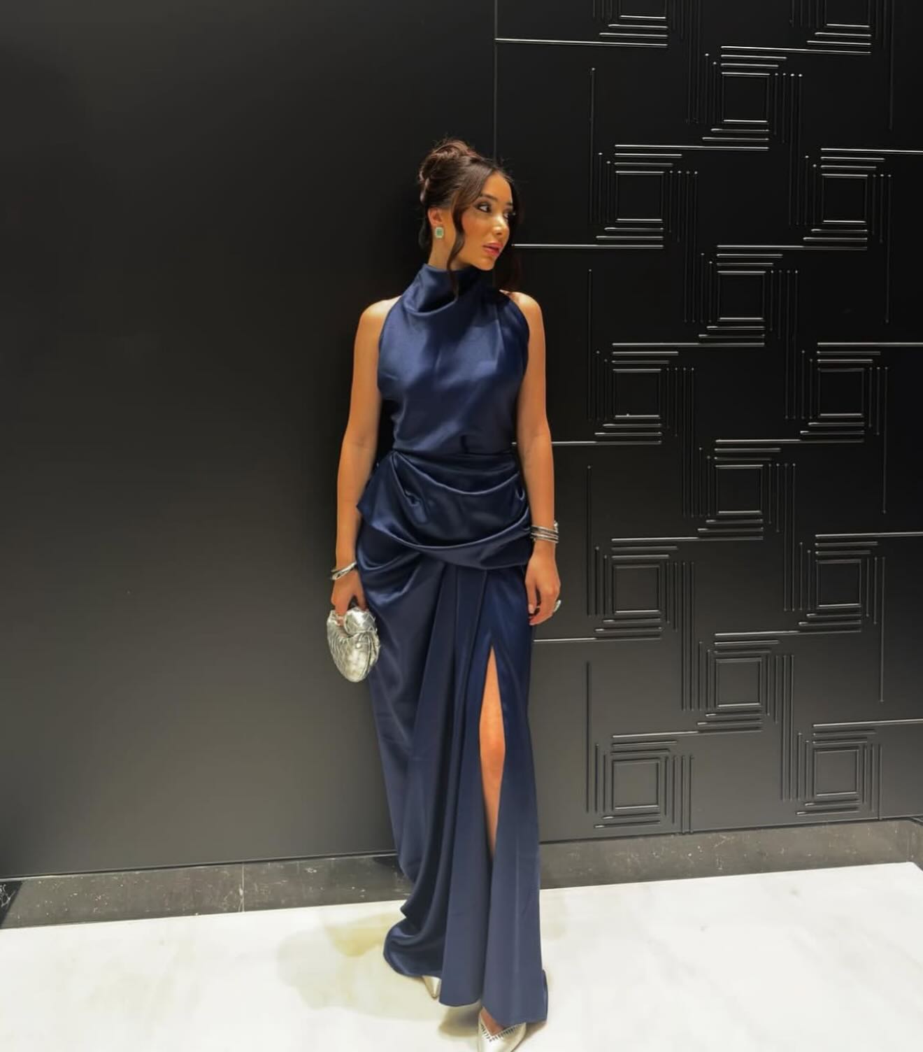 Cocoslly High Neck Sleeveless High Waist Long Prom Dress With Split | Navy Blue Satin CO0105
