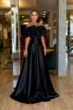 Satin Off-The-Shoulder Strapless High-Waisted Long A-Line Prom Dress With Ruffles JQ0425