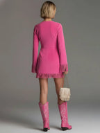 Western-style Retro Embroidered Tassel Pink Faux Suede Mini Dress