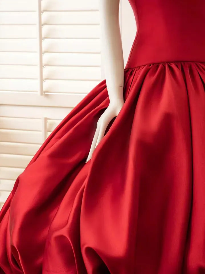 Cocoslly Off-The-Shoulder Sleeveless High Waist Long A Line Prom Dress With Pleated | Red Satin YC0571