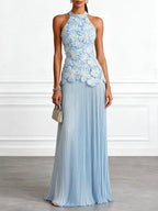 Light Blue Jacquard Chiffon Halter Neck Sleeveless A-Line Floor-length Gown Dress