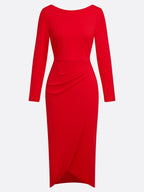 Red Asymmetric Ruched Knit Boat Neck Long Sleeve Sheath Midi Dress