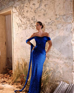 Off-The-Shoulder Strapless Sleeveless Long Pleated Mermaid Prom Dress With Sequins And Ruffle YK0709