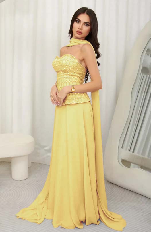 Cocoslly Strapless Sleeveless High Waist Long Prom Dress With Rhinstone And Scarf | Lilac Chiffon JZ0099