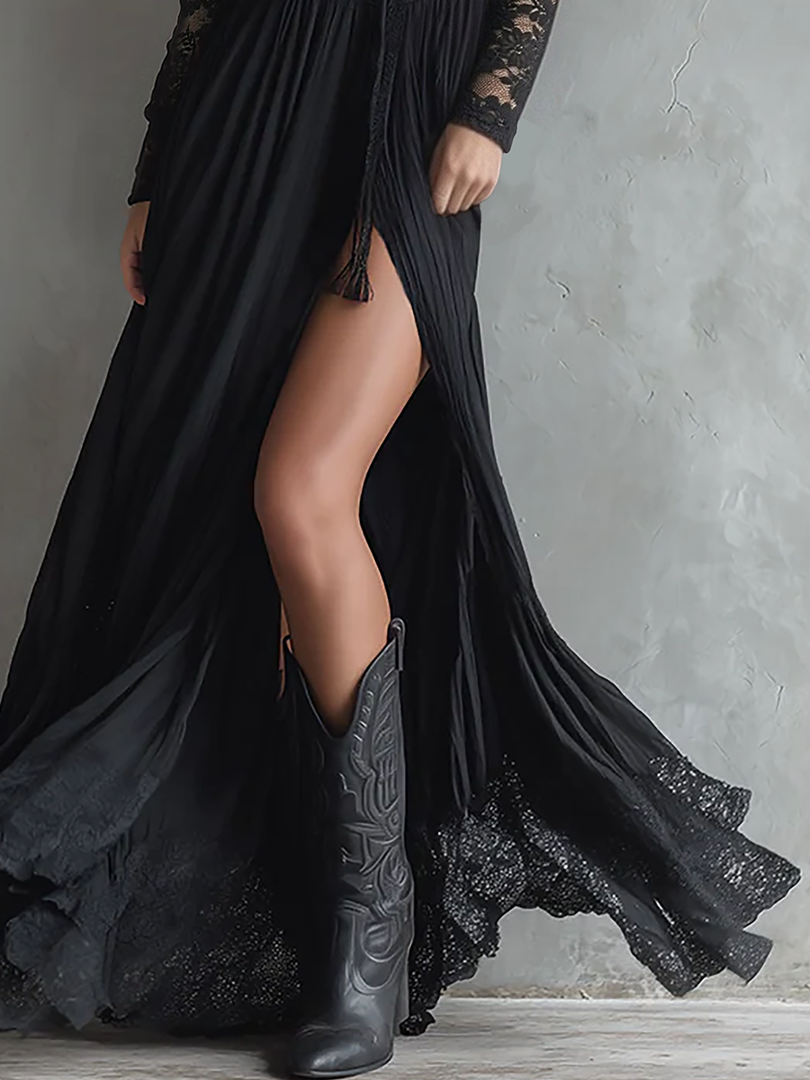 Stylish Western-style Lace-paneled Split Black Maxi Dress