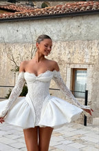 Cocoslly Strapless Long Sleeves Short Prom Dress With Appliques And Pleated | Daffodil Lace YQ0138