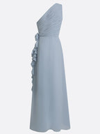 Light Blue 3D Floral Chiffon One Shoulder Sleeveless Sheath Maxi Dress