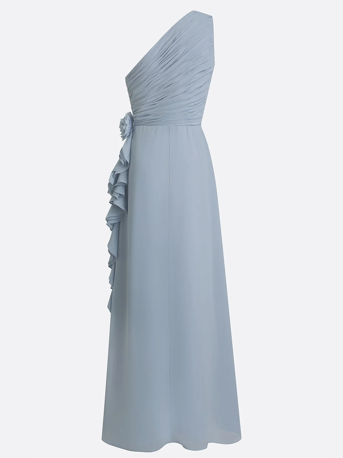 Light Blue 3D Floral Chiffon One Shoulder Sleeveless Sheath Maxi Dress