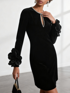 Black 3D Floral Rhinestone Velvet Crew Neck Long Sleeve Sheath Mini Dress