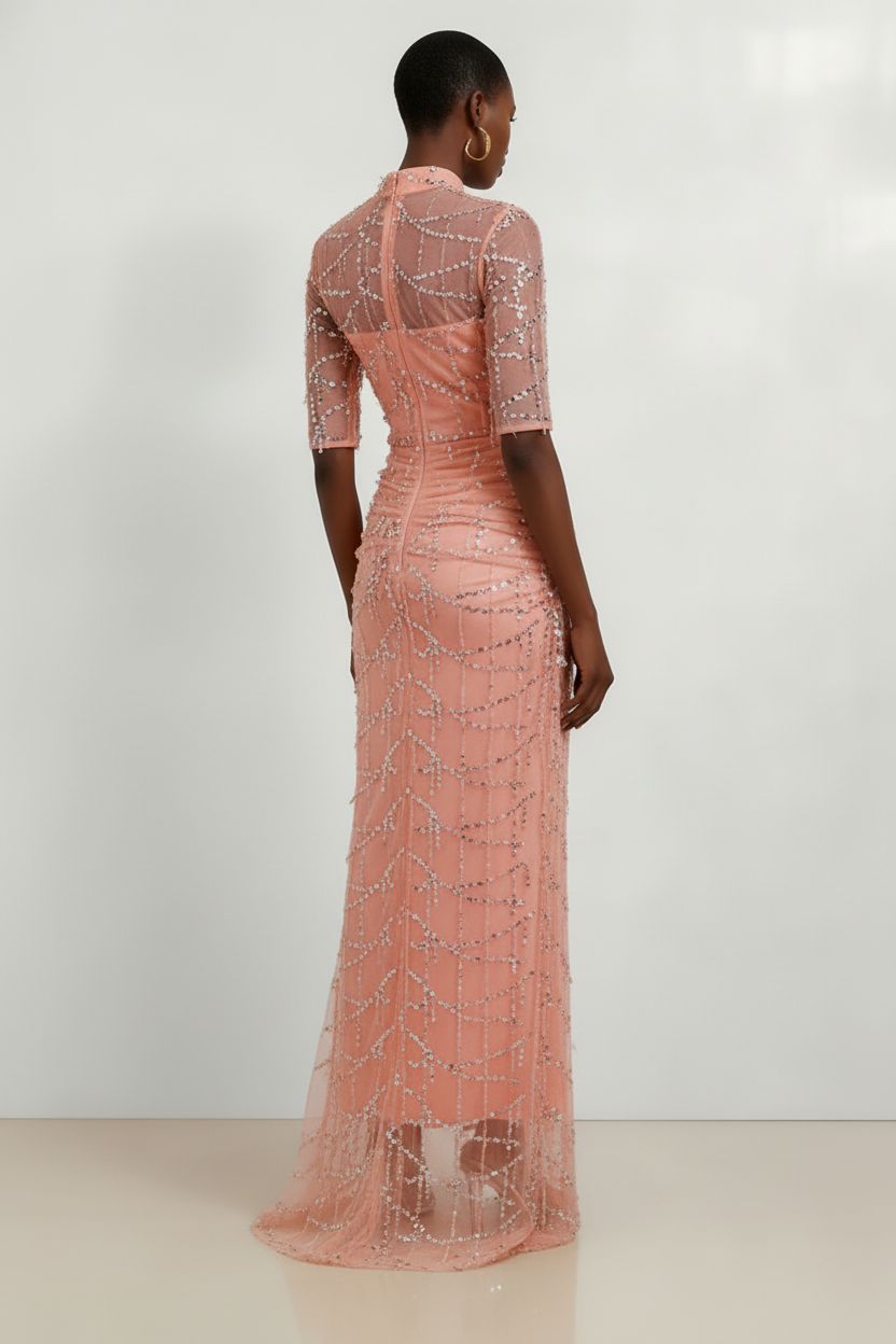 Peach Mesh Lace Crew Neck Half Sleeve Sheath Gown Dress