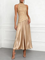 Champagne Lace Satin Halter Crew Neck Sleeveless A-Line Maxi Dress
